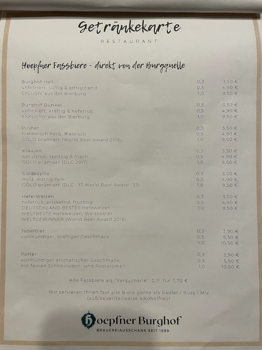 Speisekarte, Hoepfner Burghof | Restaurant | Brauereiausschank | Eventlocation | Catering - deutsche gutbürgerliche Küche
