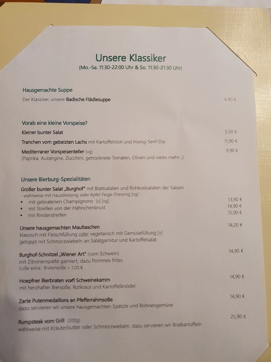 Speisekarte, Hoepfner Burghof | Restaurant | Brauereiausschank | Eventlocation | Catering - deutsche gutbürgerliche Küche