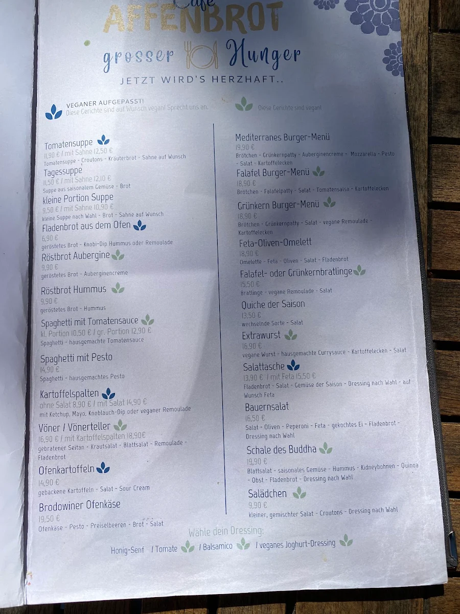 Speisekarte, Café Affenbrot - Lübeck