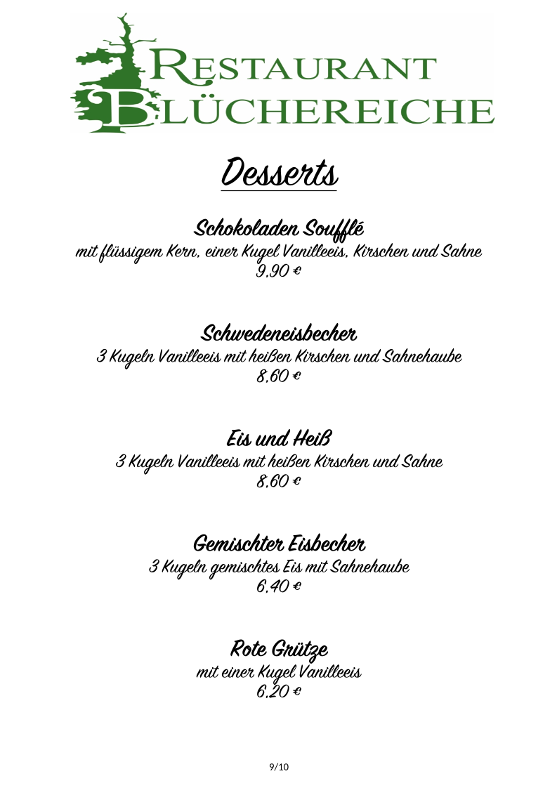 Speisekarte, Restaurant Blüchereiche