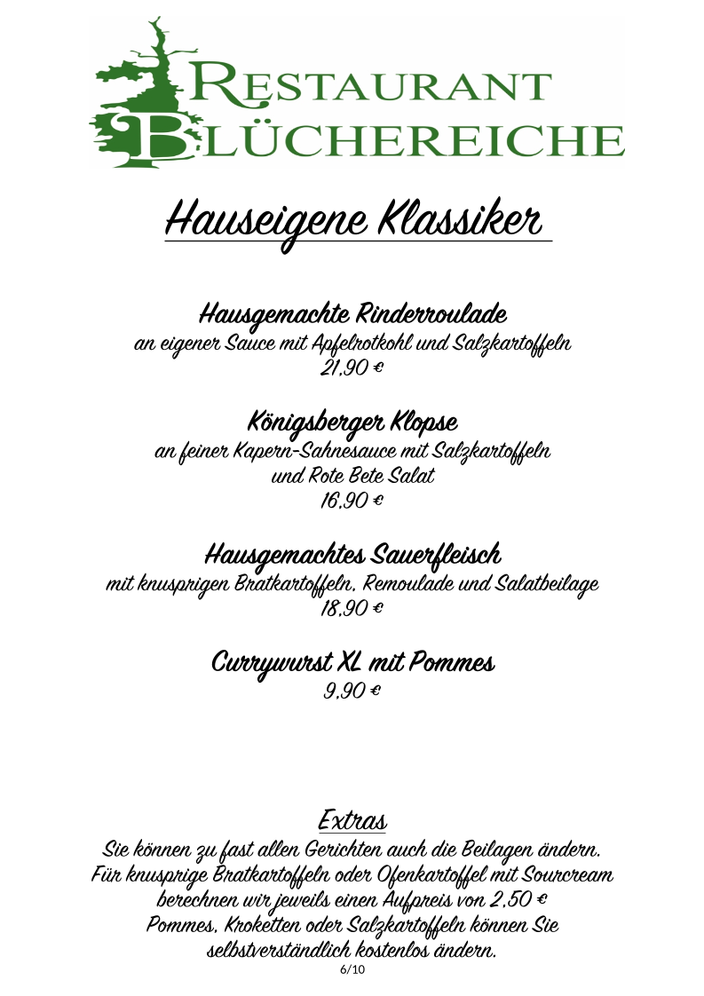 Speisekarte, Restaurant Blüchereiche