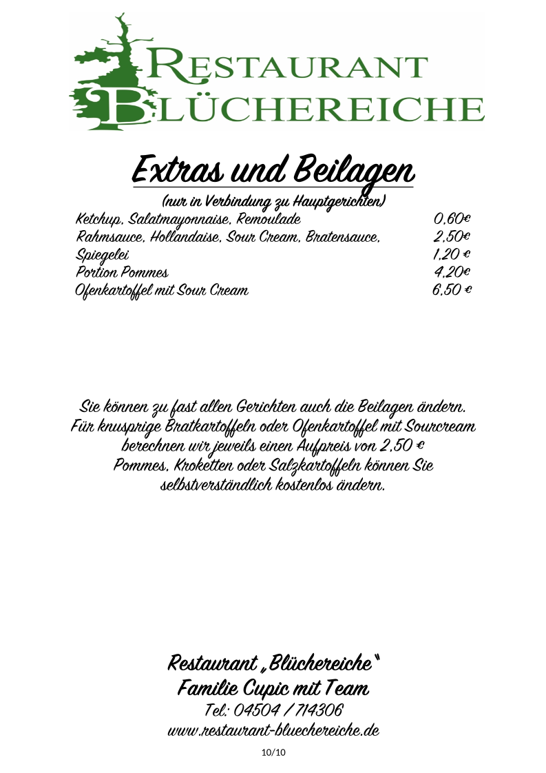 Speisekarte, Restaurant Blüchereiche