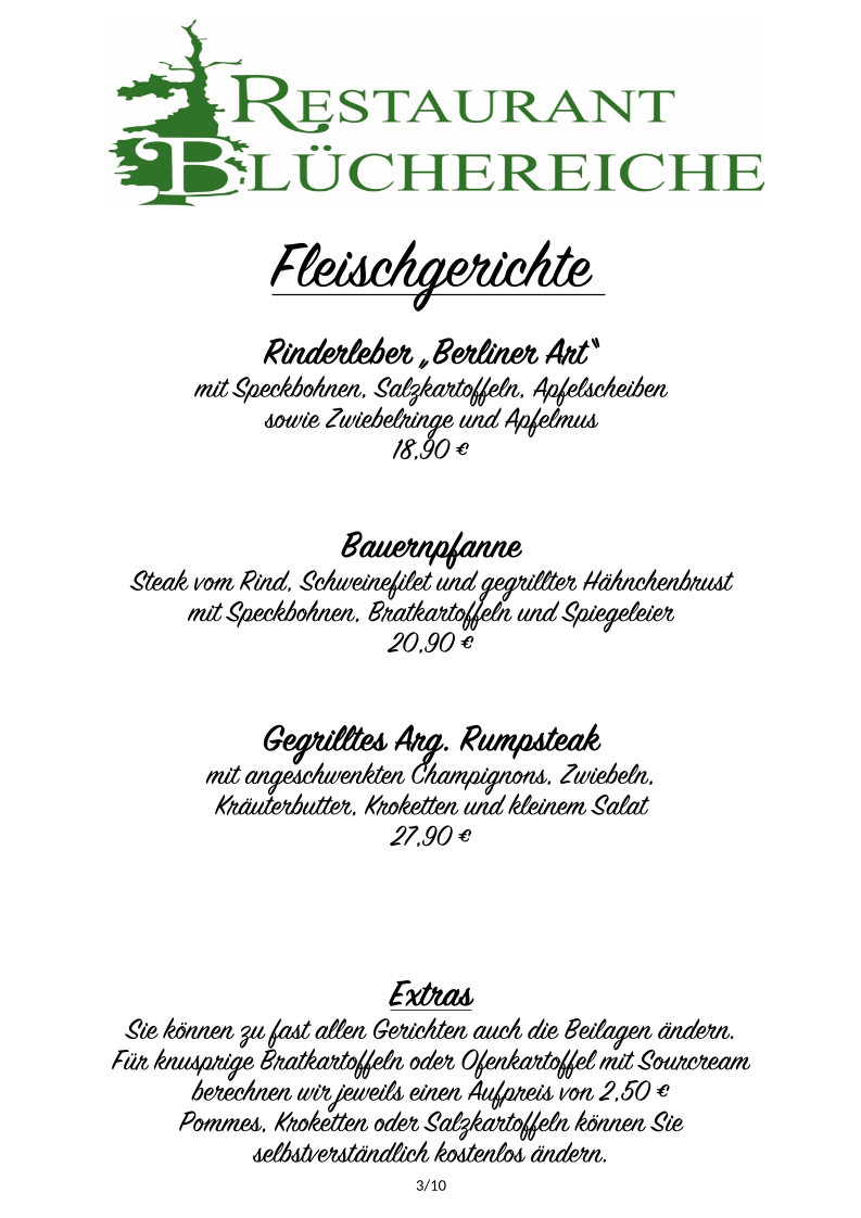 Speisekarte, Restaurant Blüchereiche