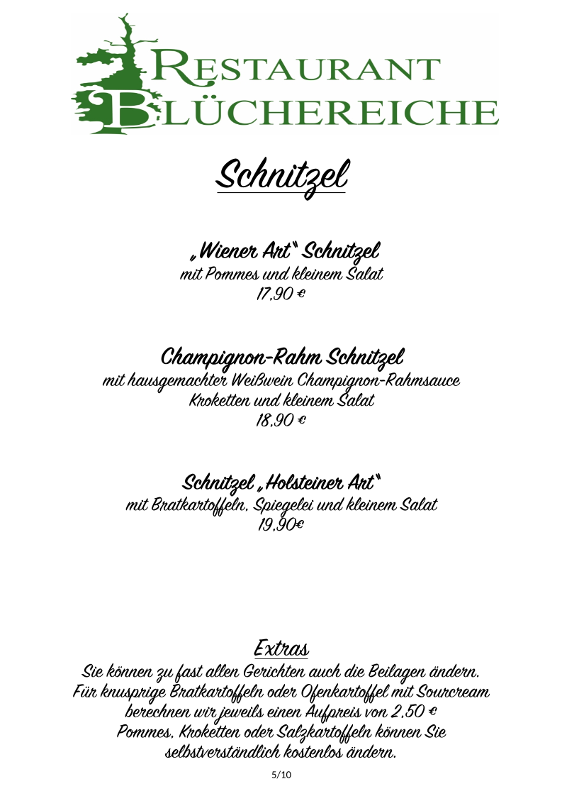 Speisekarte, Restaurant Blüchereiche