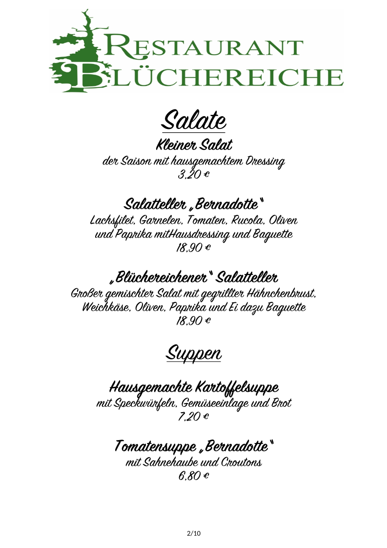 Speisekarte, Restaurant Blüchereiche