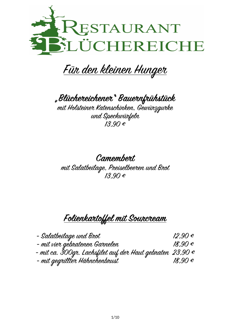 Speisekarte, Restaurant Blüchereiche