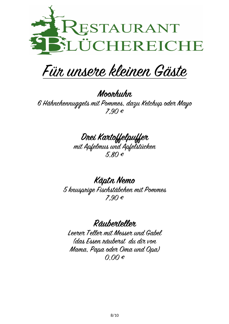 Speisekarte, Restaurant Blüchereiche