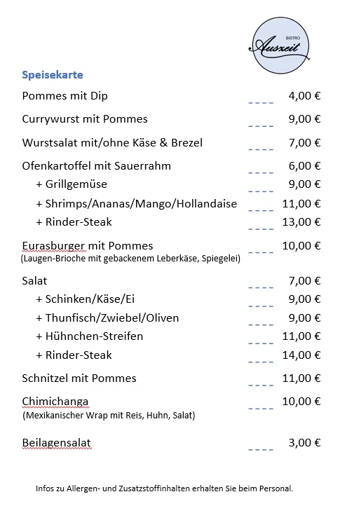 Speisekarte, Bistro Auszeit Eurasburg