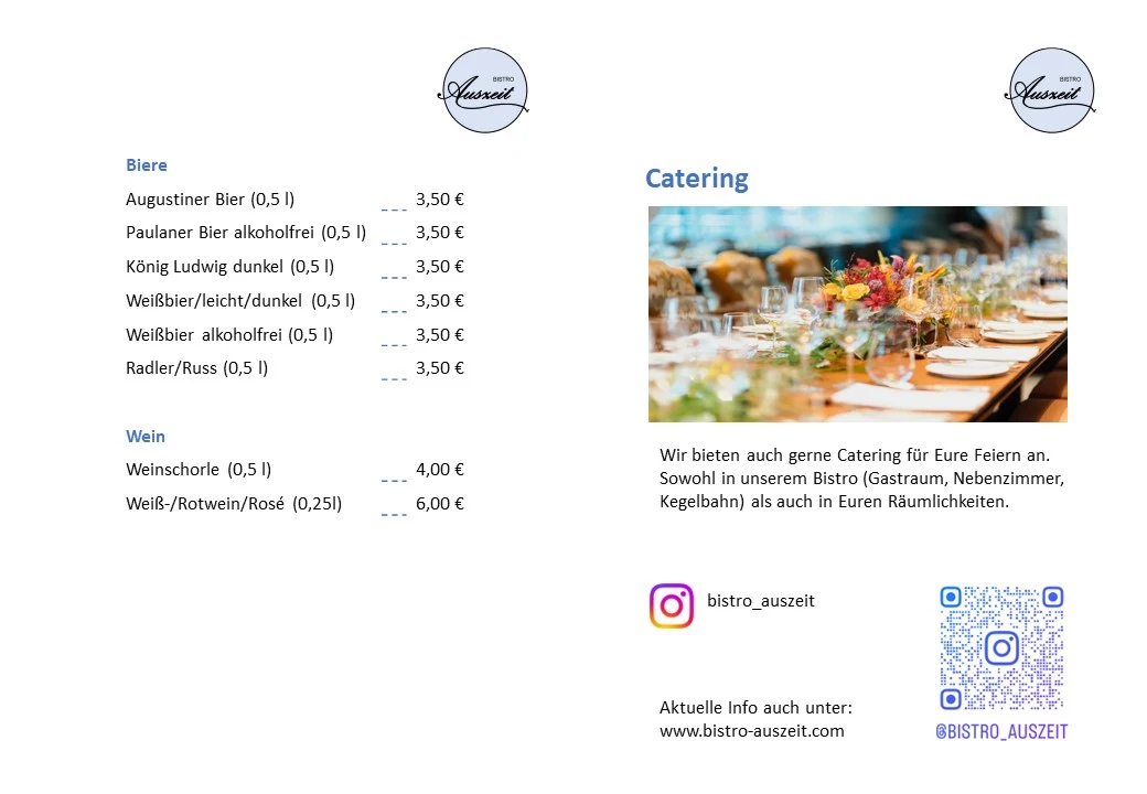 Speisekarte, Bistro Auszeit Eurasburg