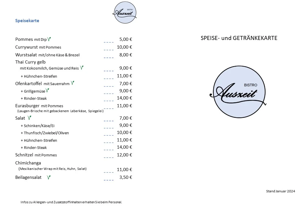 Speisekarte, Bistro Auszeit Eurasburg