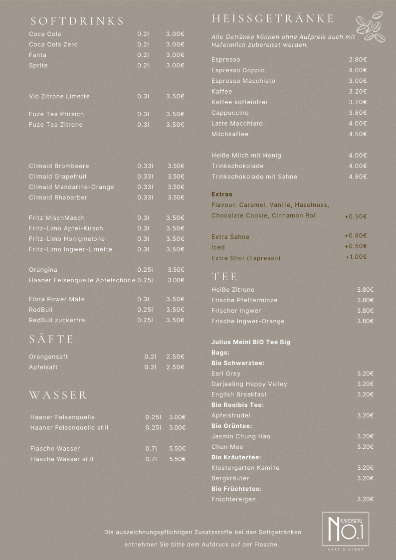 Speisekarte, Neandertal No. 1 - Café & Events