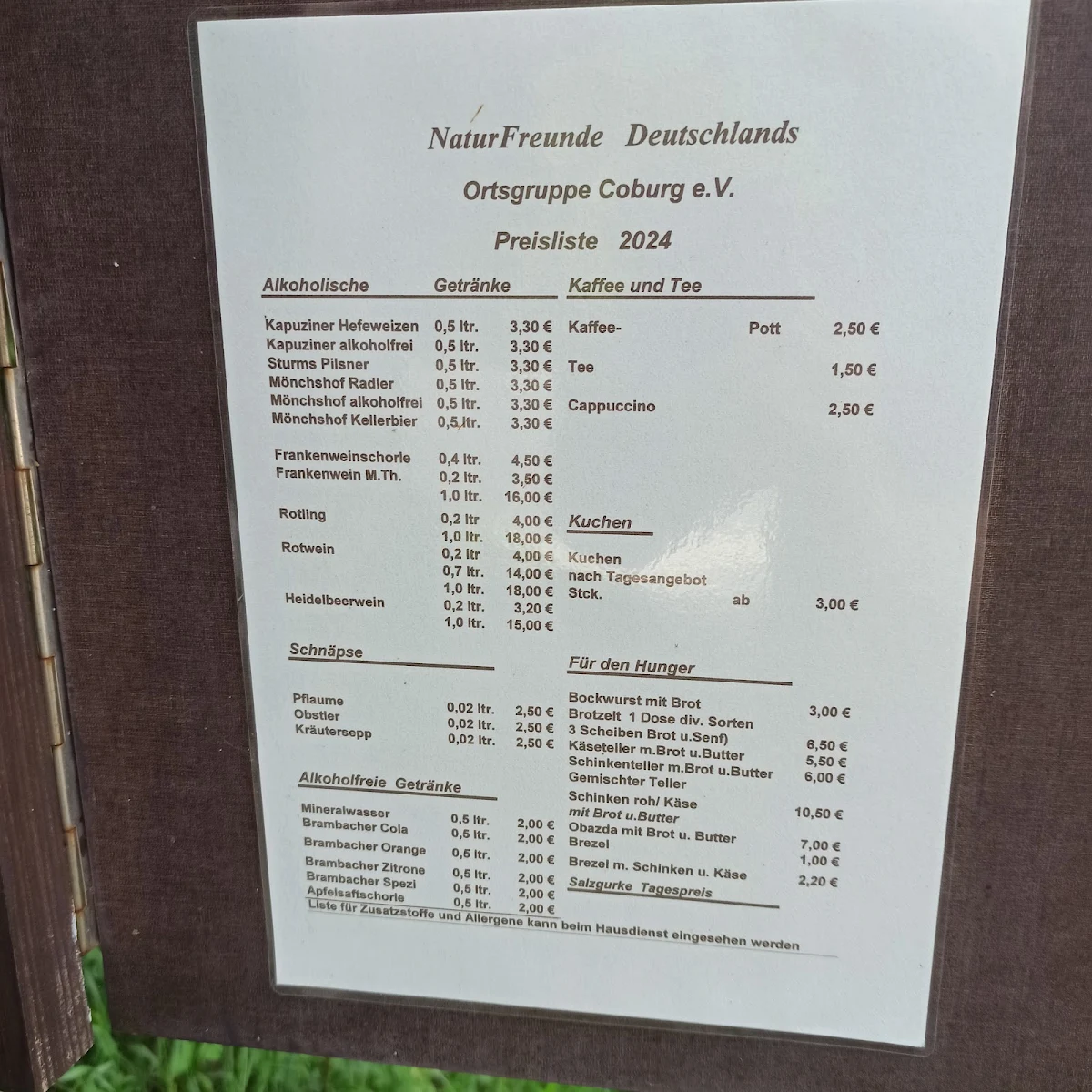 Speisekarte, Naturfreundehaus "An den Hofmannsteichen"