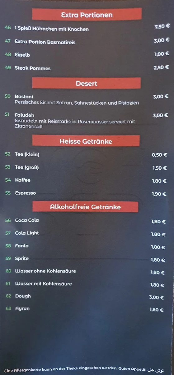 Speisekarte, Persische Grillspezialitäten mohsen