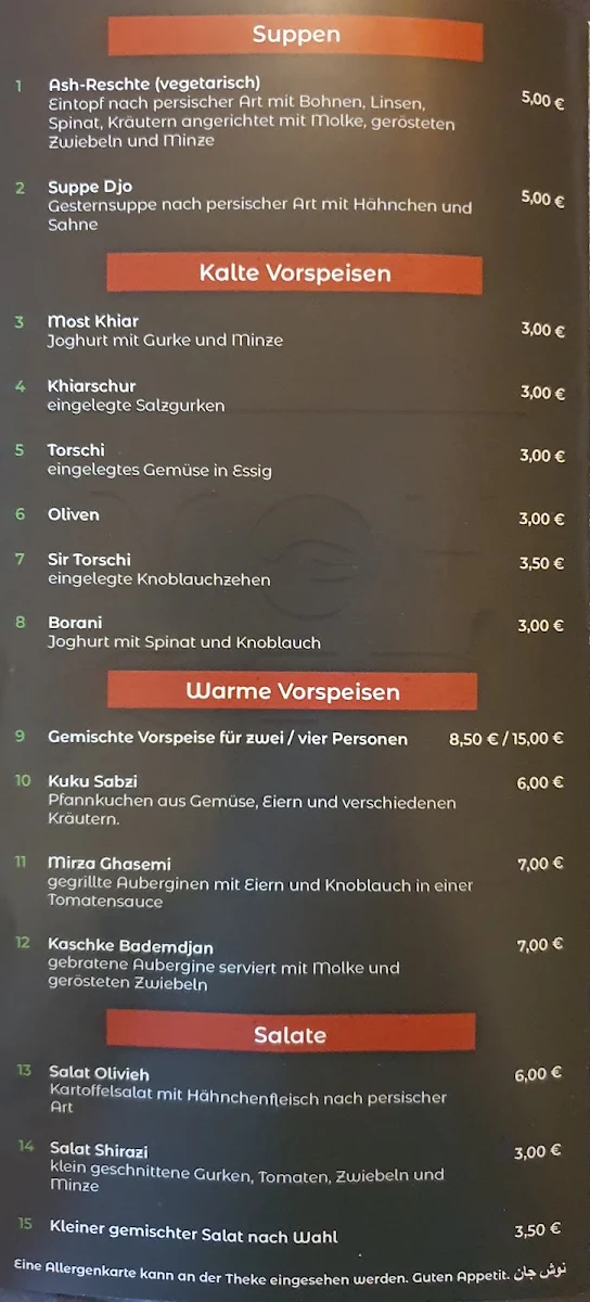 Speisekarte, Persische Grillspezialitäten mohsen