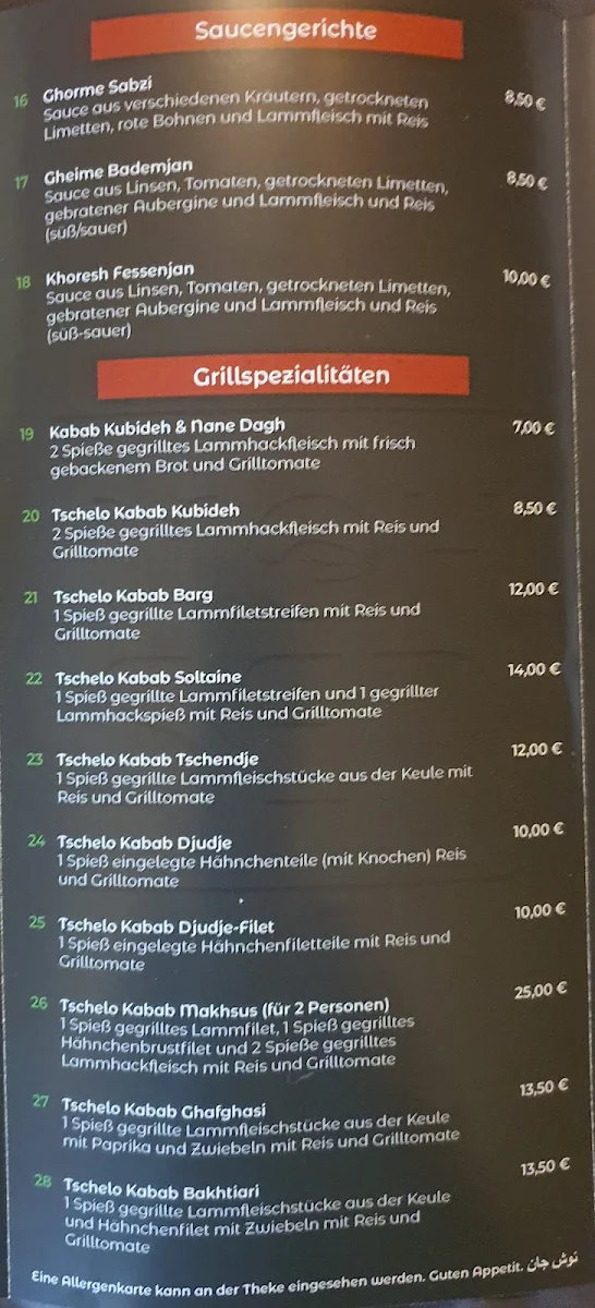 Speisekarte, Persische Grillspezialitäten mohsen