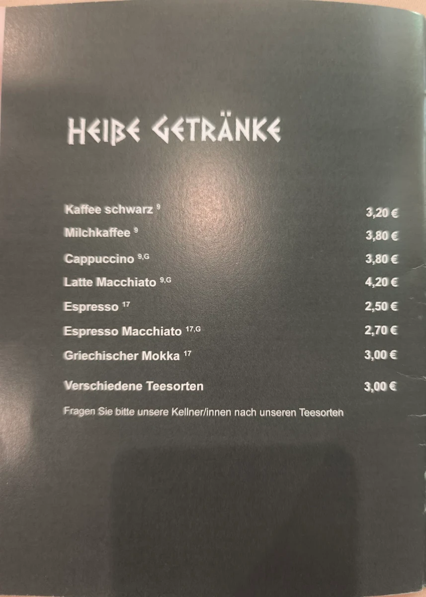 Speisekarte, Griechisches Restaurant Elia