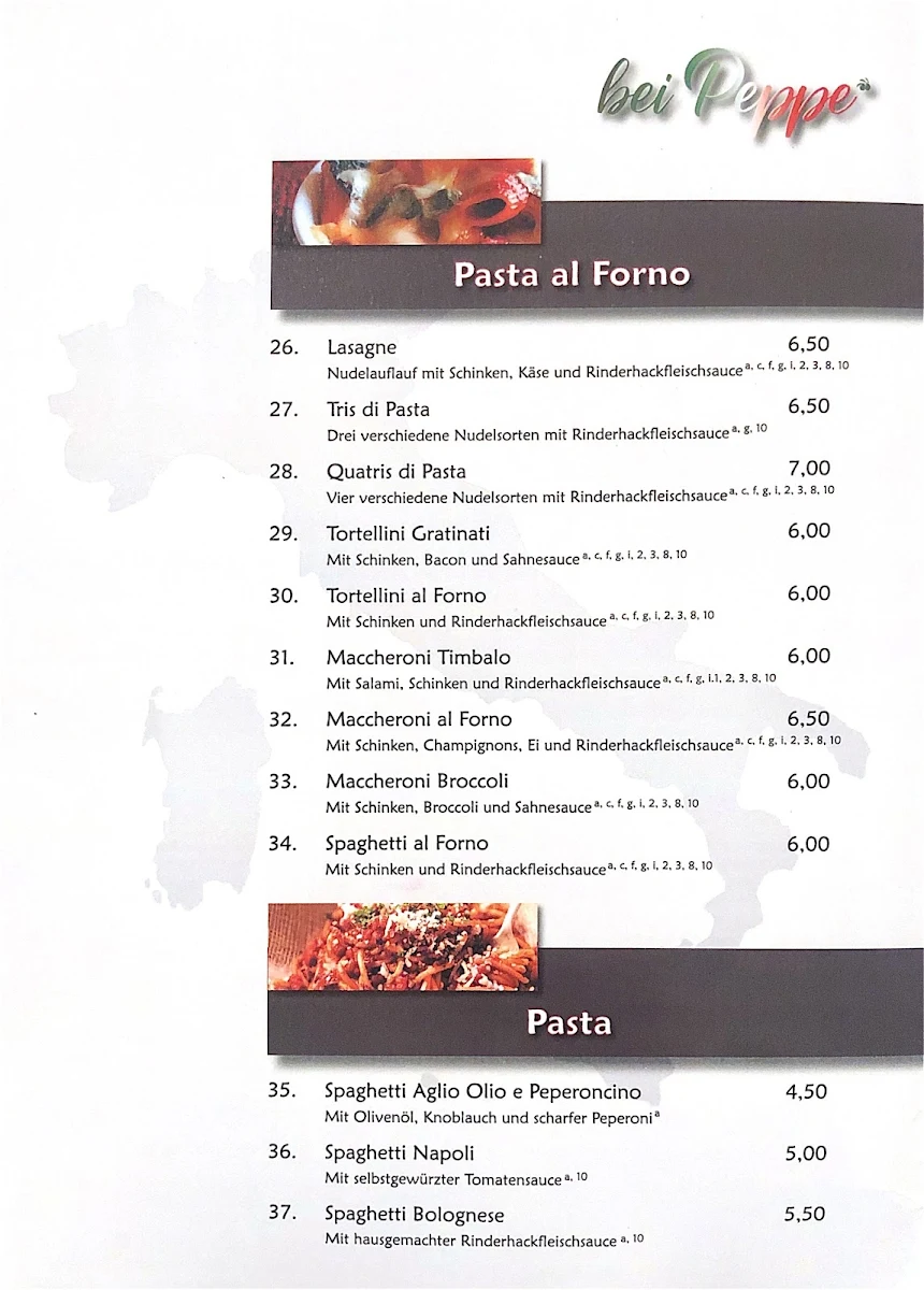 Speisekarte, Pizzeria bei Peppe