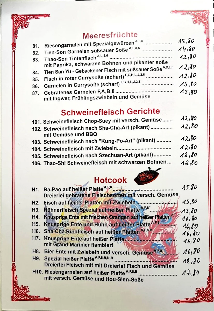 Speisekarte, China Restaurant Phoenix