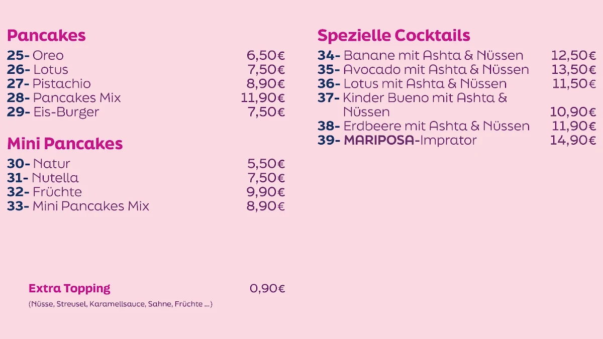 Speisekarte, Mariposa