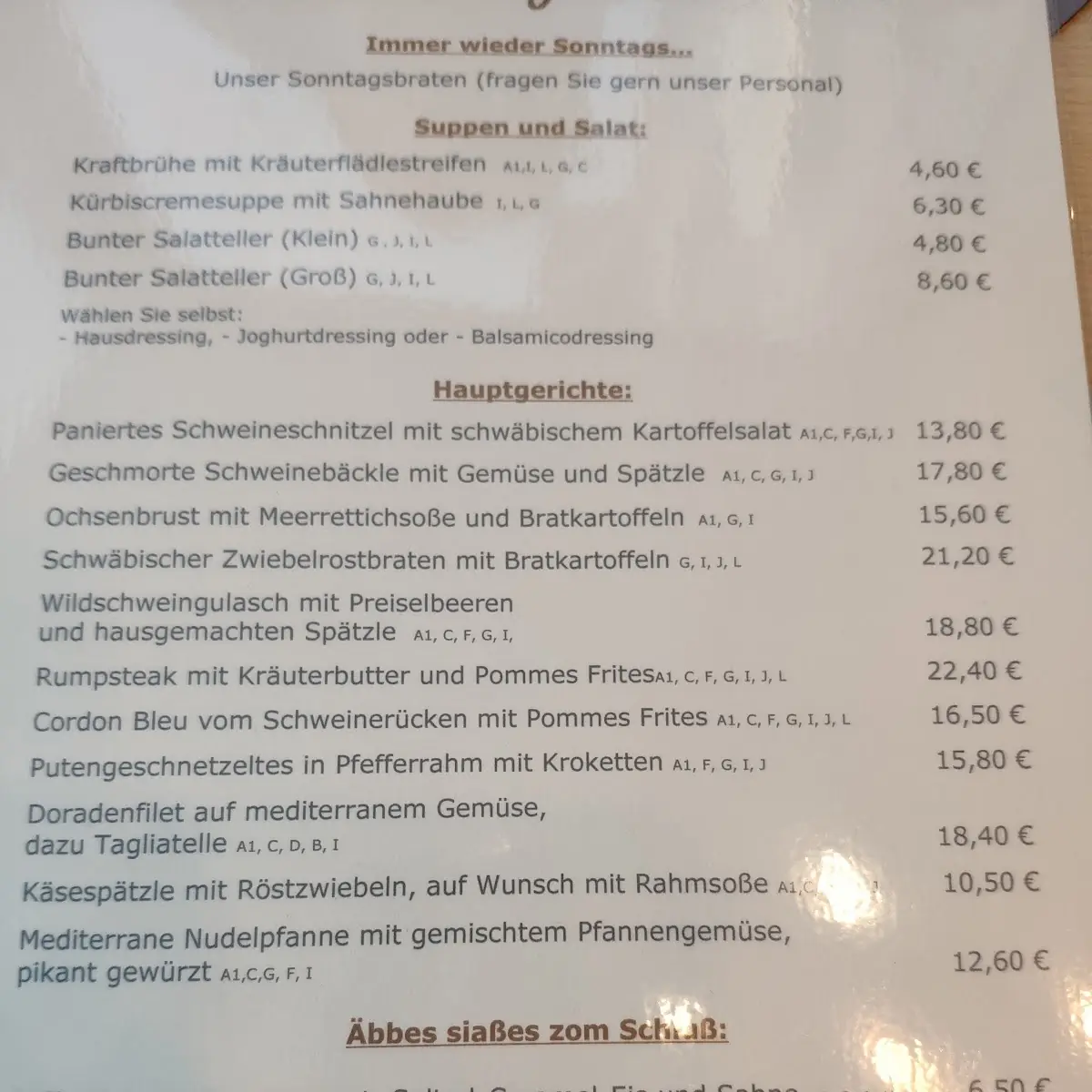 Speisekarte, Leibspeiserei