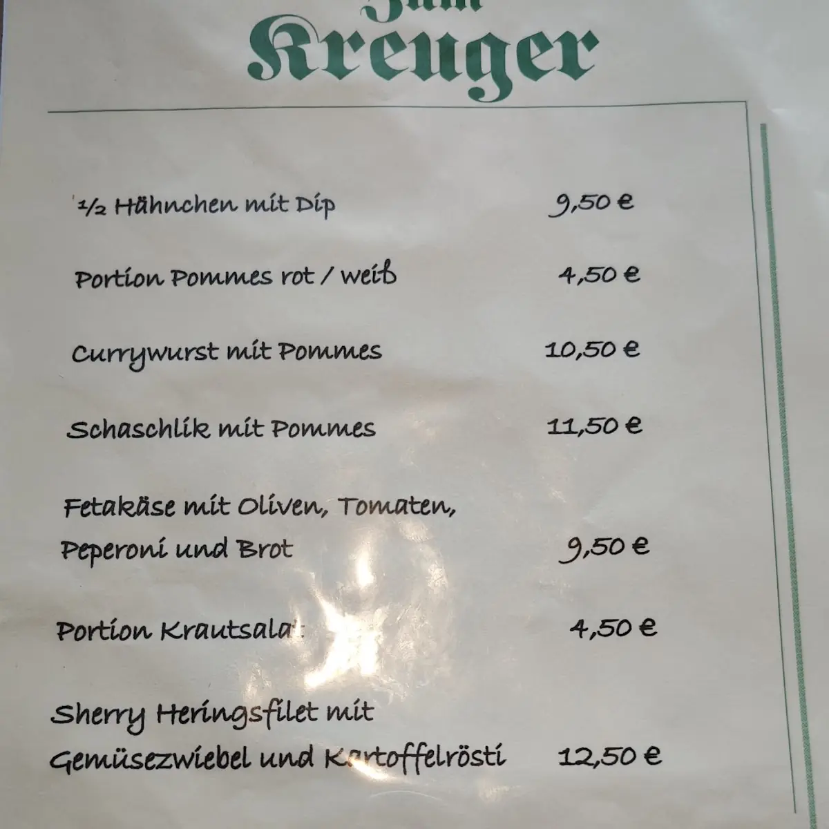 Speisekarte, Zum Kreuger
