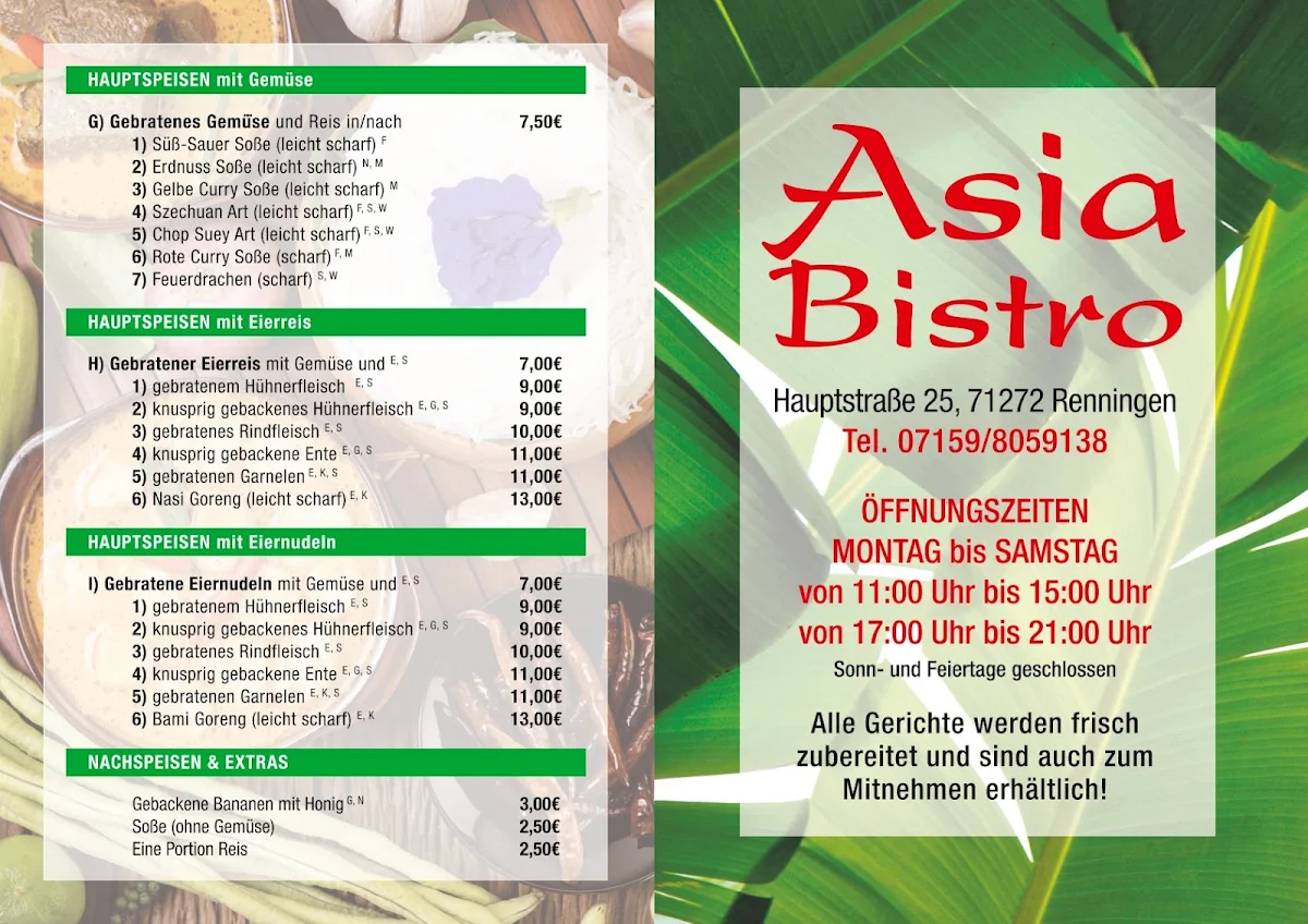 Speisekarte, Asia Bistro