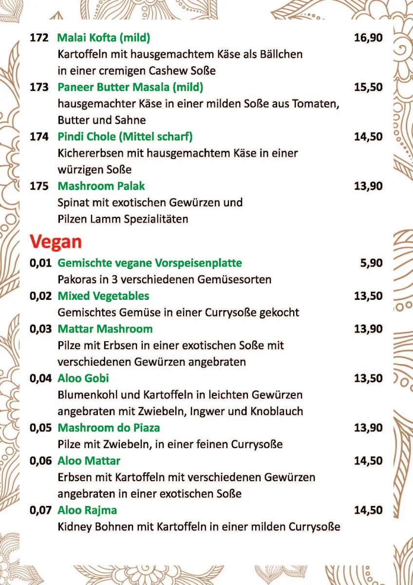 Speisekarte, Taste of India