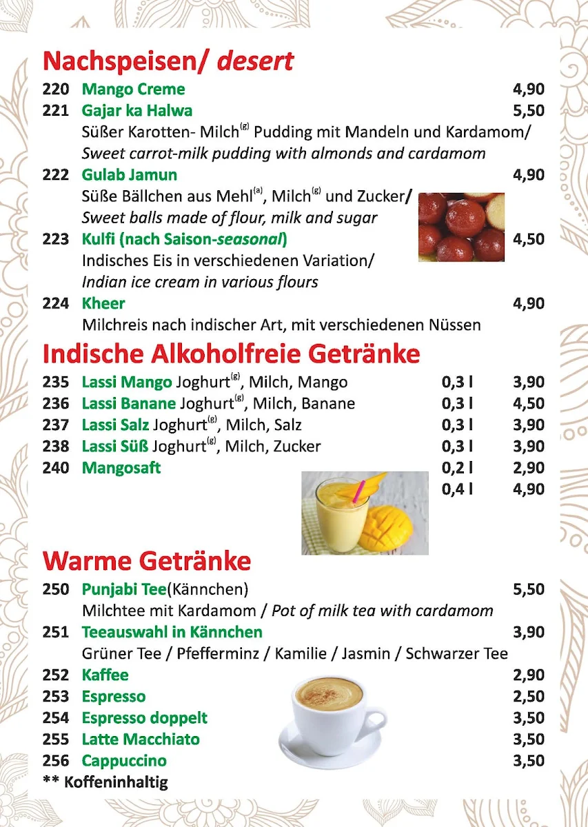 Speisekarte, Taste of India