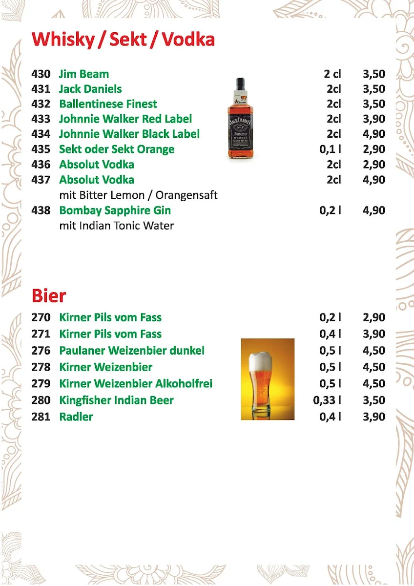 Speisekarte, Taste of India