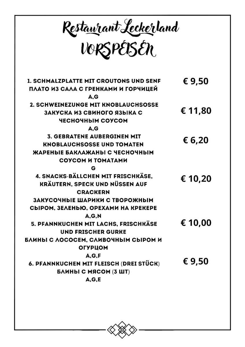 Speisekarte, Restaurant Leckerland - Yuliia Svanidze