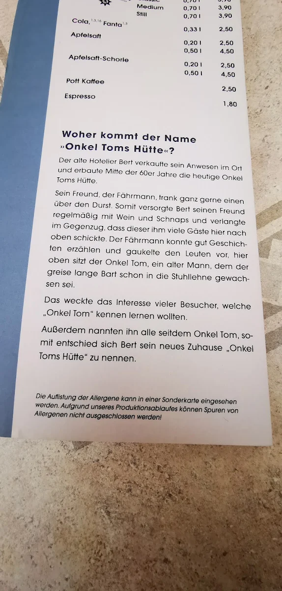 Speisekarte, bullvue @ Onkel Toms Hütte