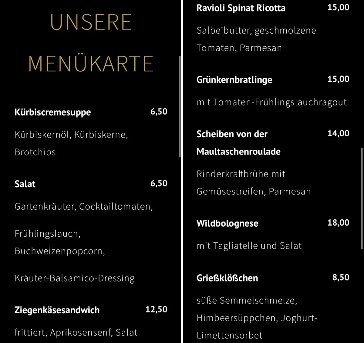 Speisekarte, Markers Kleines Restaurant