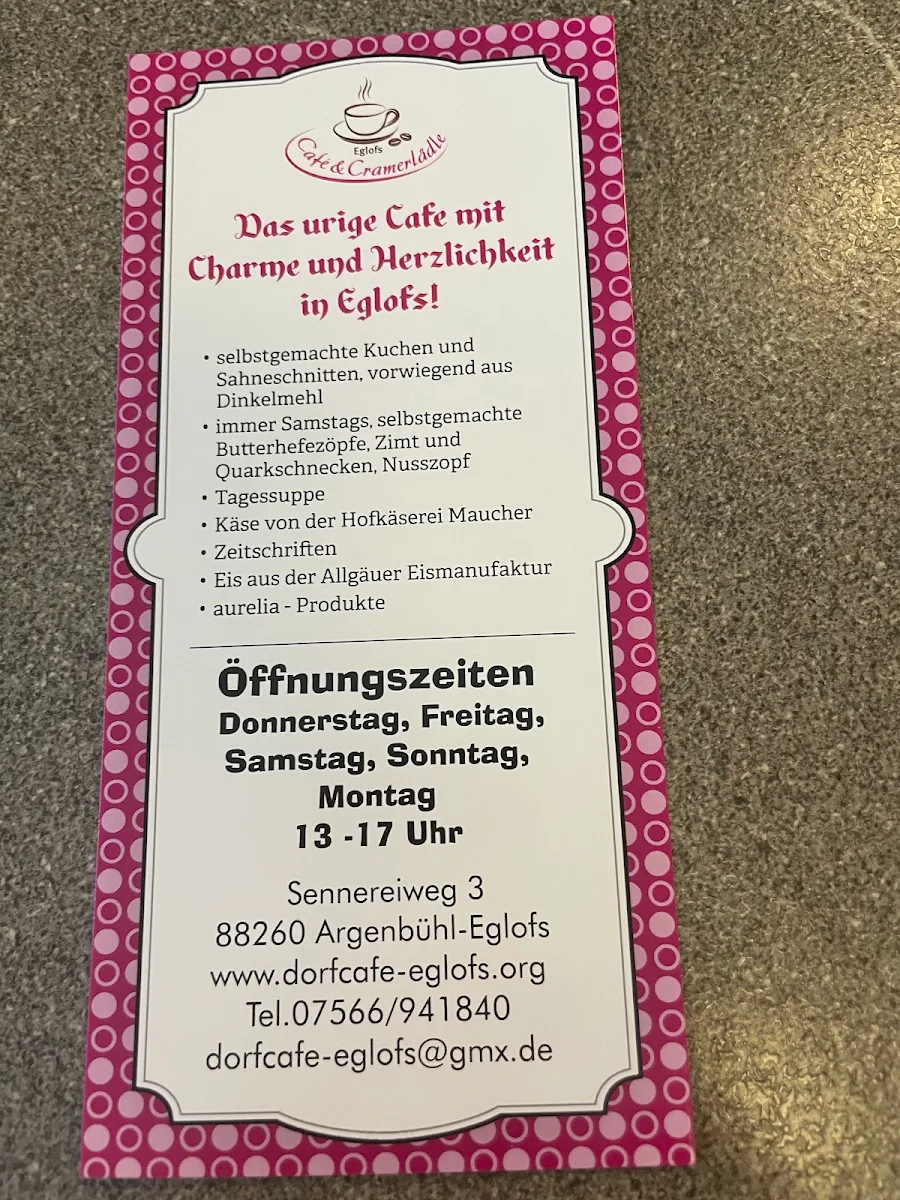 Speisekarte, Dorfcafé & Cramerlädle Eglofs
