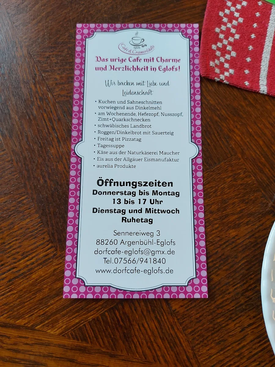 Speisekarte, Dorfcafé & Cramerlädle Eglofs