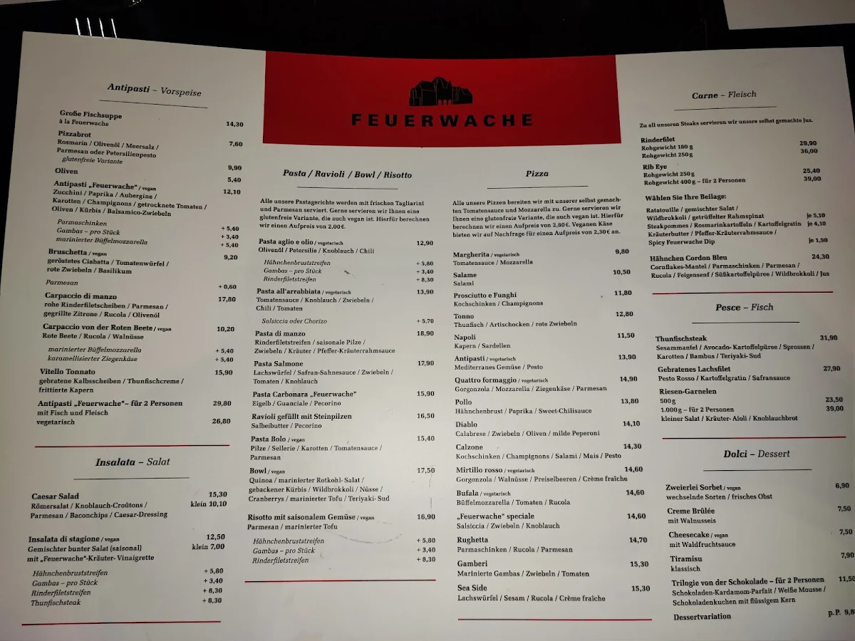 Speisekarte, Feuerwache Gastronomiebetriebsges. mbH
