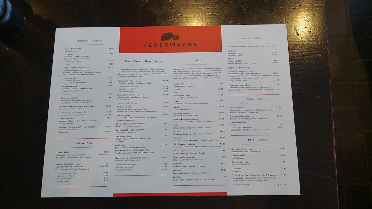 Speisekarte, Feuerwache Gastronomiebetriebsges. mbH