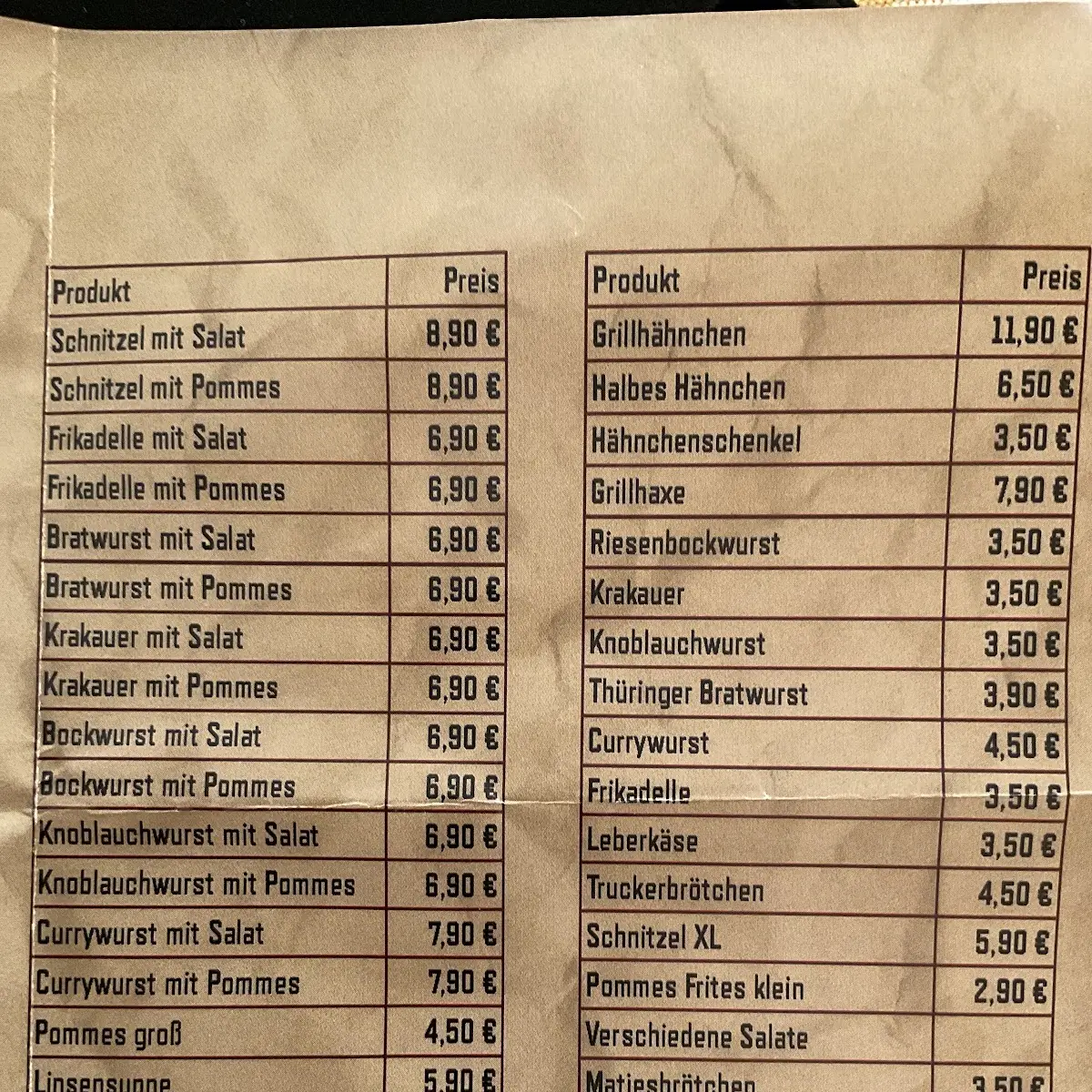 Speisekarte, Bistro am Penny Hähnchen/Grill