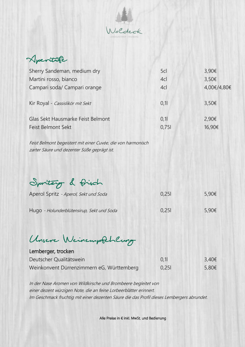 Speisekarte, Landgasthof Waldeck