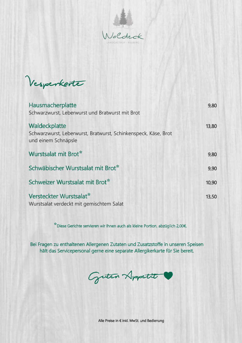 Speisekarte, Landgasthof Waldeck