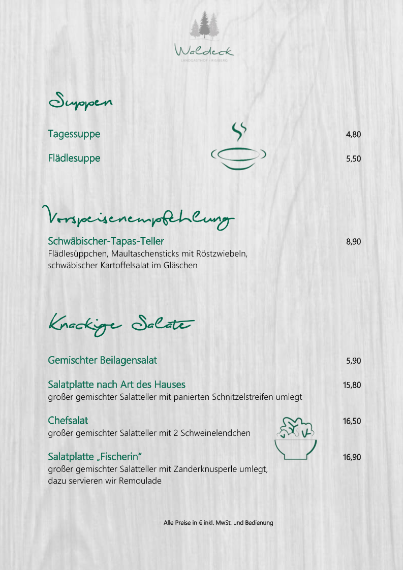 Speisekarte, Landgasthof Waldeck