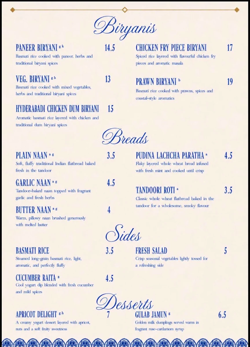 Speisekarte, Malgudi Indian Restaurant