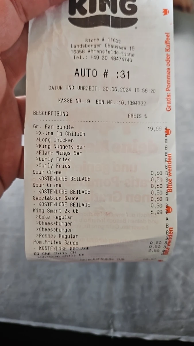 Speisekarte, Burger King Ahrensfelde-Eiche