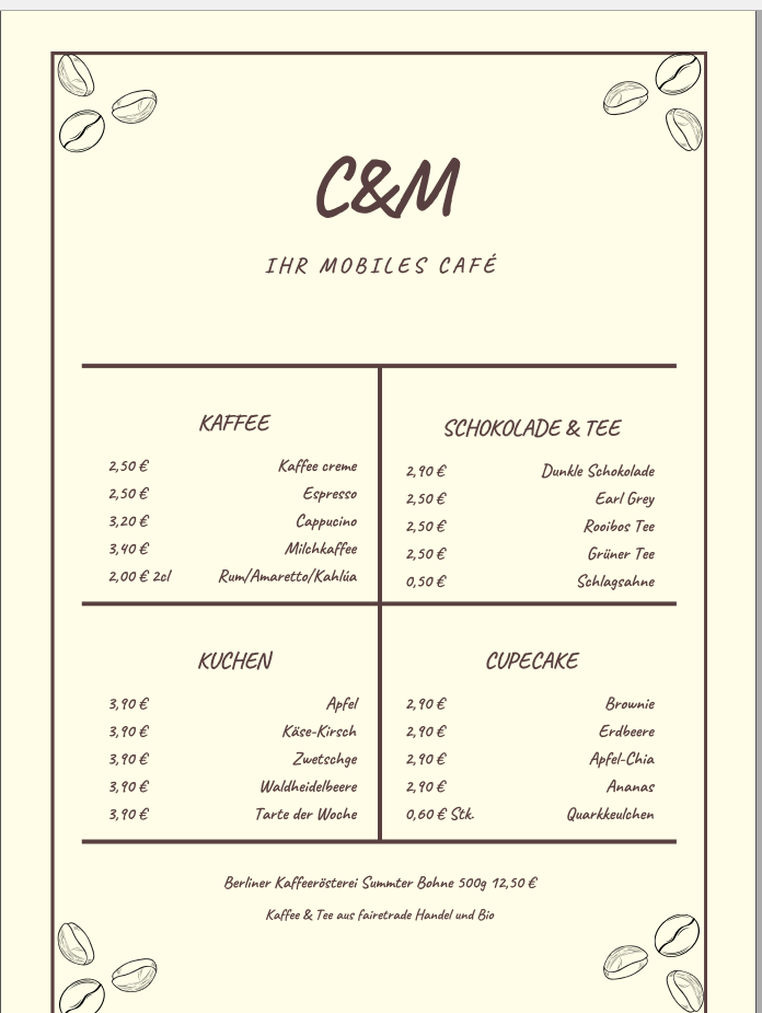 Speisekarte, C&M mobiles Café