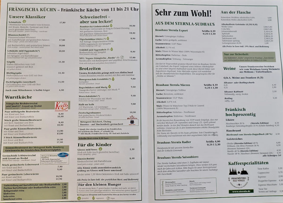 Speisekarte, Brauhaus Zum Sternla
