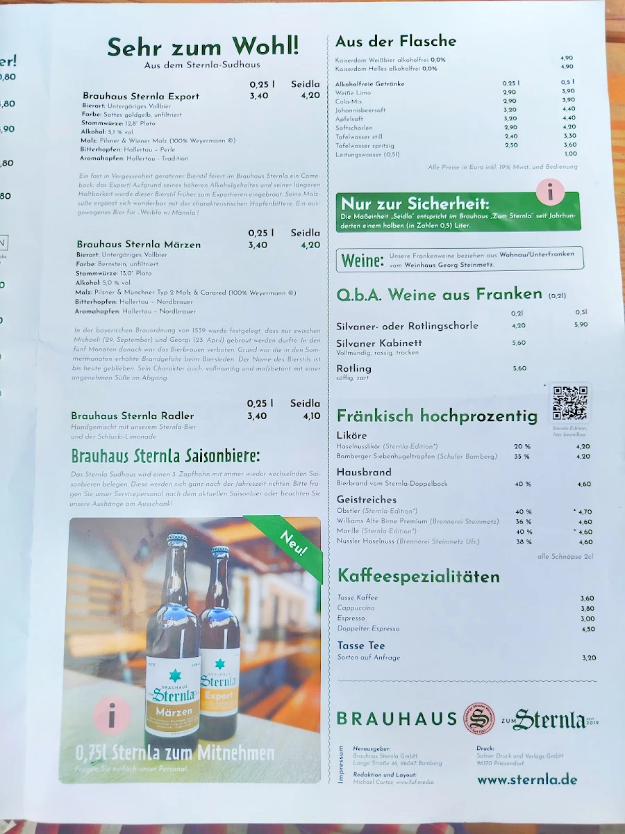 Speisekarte, Brauhaus Zum Sternla
