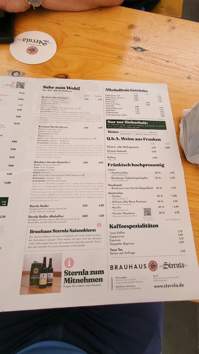 Speisekarte, Brauhaus Zum Sternla