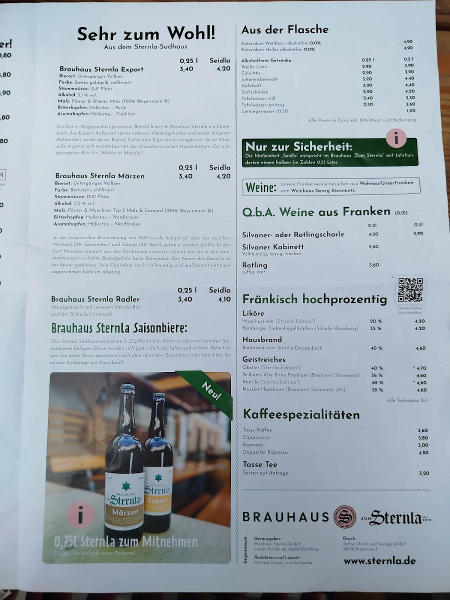 Speisekarte, Brauhaus Zum Sternla