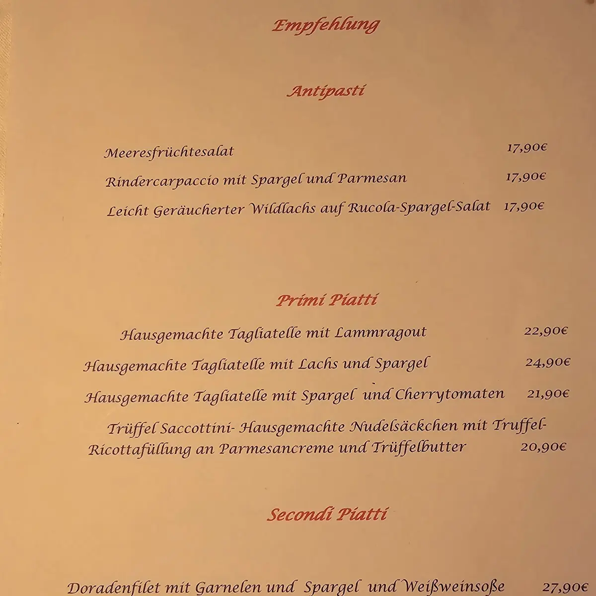 Speisekarte, Vecchio Mulino