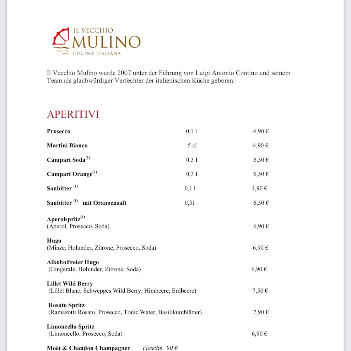 Speisekarte, Vecchio Mulino