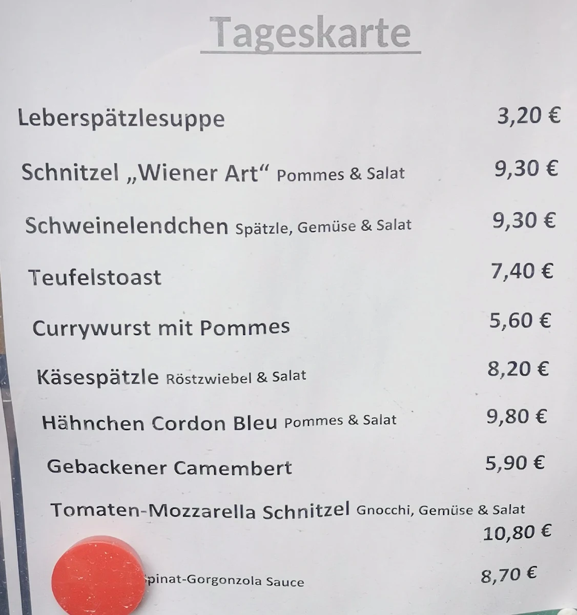 Speisekarte, Gasthaus Huber